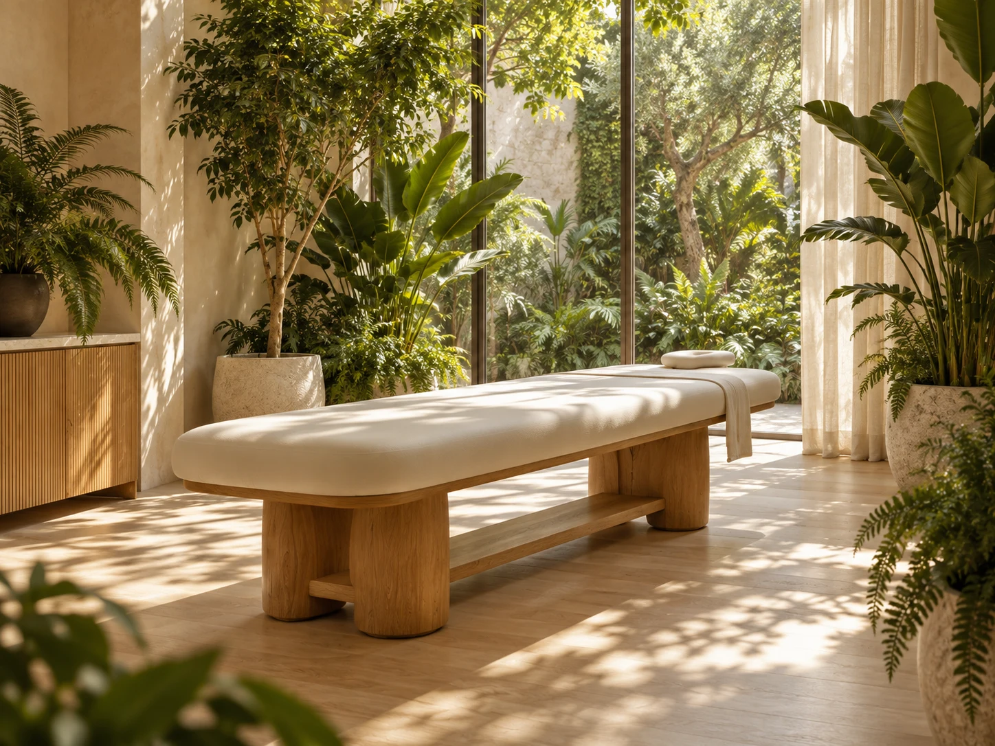Camilla de diseño para estiramientos rodeada de plantas y luz natural; imagen conceptual